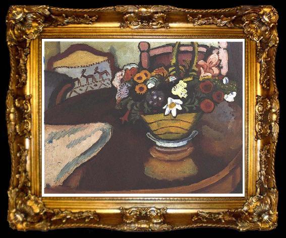 framed  August Macke Stil live with pillow with deer-decor and a bouquet, ta009-2